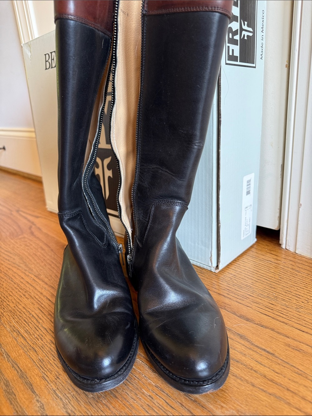 Frye Two-Tone Tall Leather Riding Boot - Black & Chestnut - Picture 2 of 8